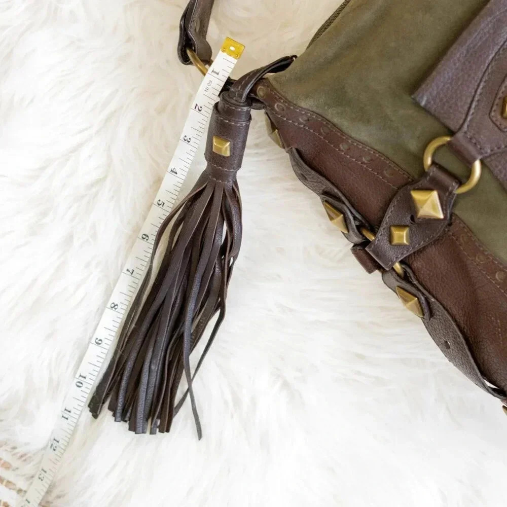 NWT! MICHAEL KORS COLLEGIATE STUDDED BROWN LEATHER OLIVE GREEN SUEDE BAG - Picture 10 of 15